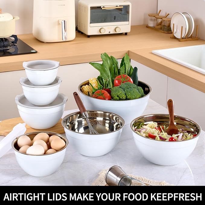LKTDYMEG White Mixing Bowls with Lids Set of 7, Stainless Steel Nesting Bowl with Khaki Lid for Non-slip Mixing Prepping Storing Serving, 7 Sizes-7/3.6/2.7/2.1/1.5/1/0.8 QT