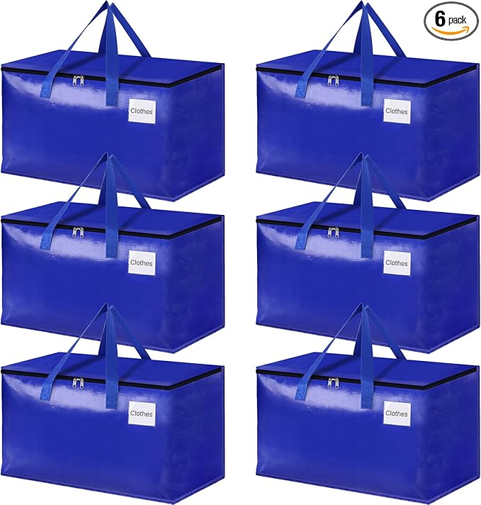HomeHacks Moving Bags Heavy Duty with Strong Zippers and Handles Collapsible Moving Supplies, Storage Totes for Packing & Moving Storing 93L,6-Pack, Blue