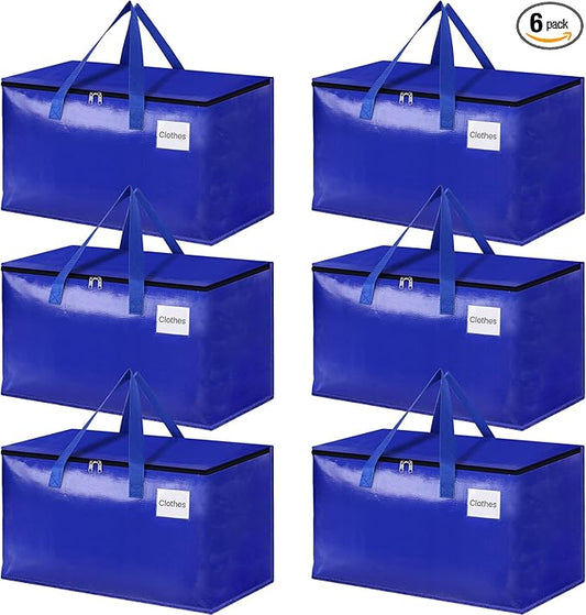 HomeHacks Moving Bags Heavy Duty with Strong Zippers and Handles Collapsible Moving Supplies, Storage Totes for Packing & Moving Storing 93L,6-Pack, Blue