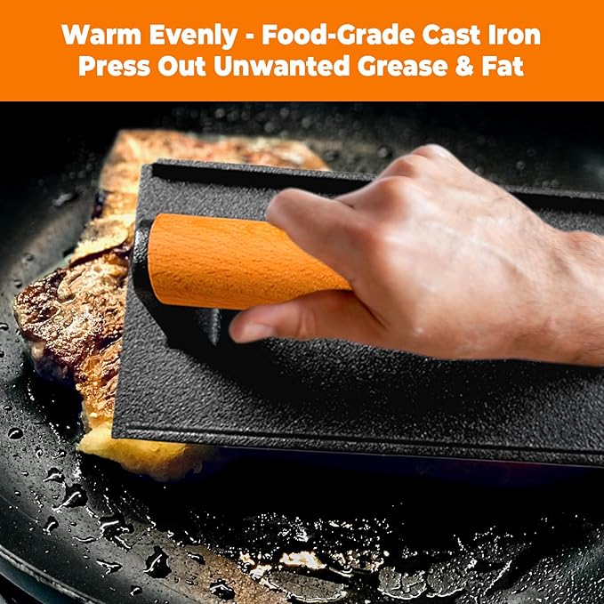 Smash Burger Press Kit for Griddle, 4PCS Heavy-Duty Cast Iron Round Burger Smasher & Rectangle Grill Press Meat Steak Weight for Bacon, Paninis, Hamburger, Sandwich, with Spatula & Seasoning Shaker