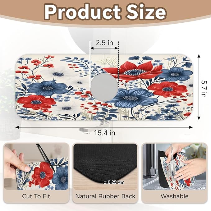 Patriotic Bloom Burst Kitchen Faucet Mat Splash Guard, 15.4”x5.7” Absorbent Quick Drying Sink Mat for Countertop Protection, Draining Mat Sink Protectors For Kitchen Bathroom, 1 Pack