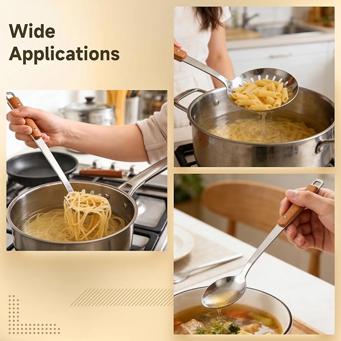 9PCS Stainless Steel Cooking Utensils, Kitchen Cooking Utensils Set with Wooden Hanlde, Including 304 Stainless Steel Spatula, Ladle, and Slotted Spoon, Metal Kitchen Utensils Set