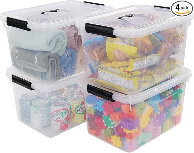 5 Liter Clear Storage Box, 4-Pack Plastic Latching Box with Lid