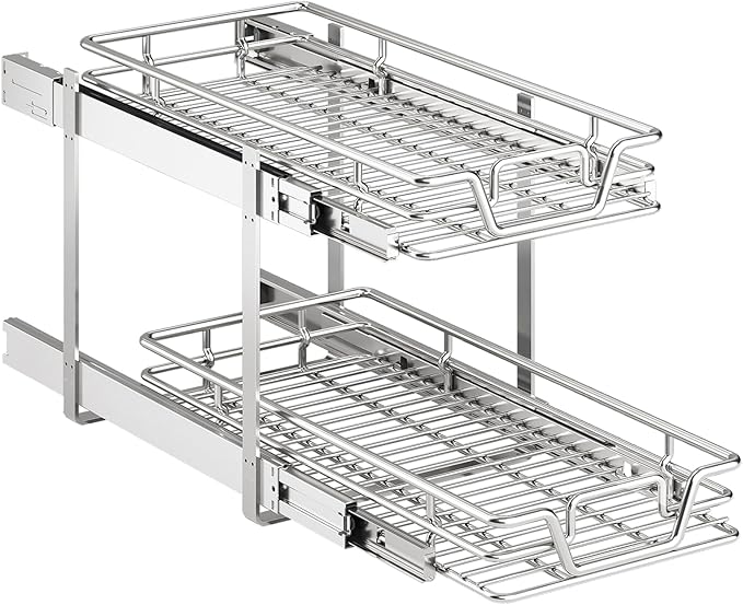 QUYUWU 2-Tier Kitchen Cabinet,Pull Out Cabinet Organizer,Shelf and Drawer Organizer Slide Out Pantry Storaqe Basket in Multiple Sizes (12" W x21 D)