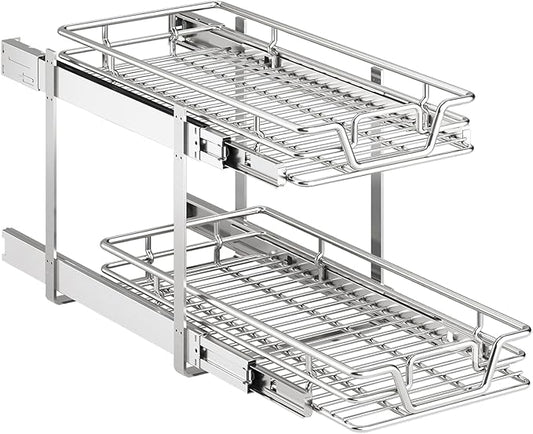 QUYUWU 2-Tier Kitchen Cabinet,Pull Out Cabinet Organizer,Shelf and Drawer Organizer Slide Out Pantry Storaqe Basket in Multiple Sizes (12" W x21 D)