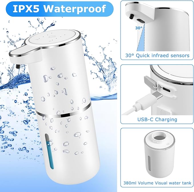 4 Pack Automatic Soap Dispensers,12.8oz/380ml USB Touchless Automatic Foaming Soap Dispenser,Rechargeabled Wall Mounted Smart Soap Dispenser for Bathroom Kitchen Dish Soap