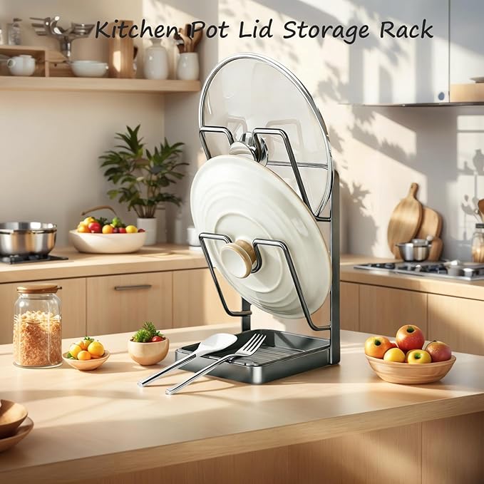 Kitchen Pot Lid Storage Rack, Stainless Steel Pot Lid Holder While Cooking for Countertop, Multifunctional Pots Lids Organizer Rack with Removable Drip Tray for Spatulas, Ladles & Large Lids (Gray1)