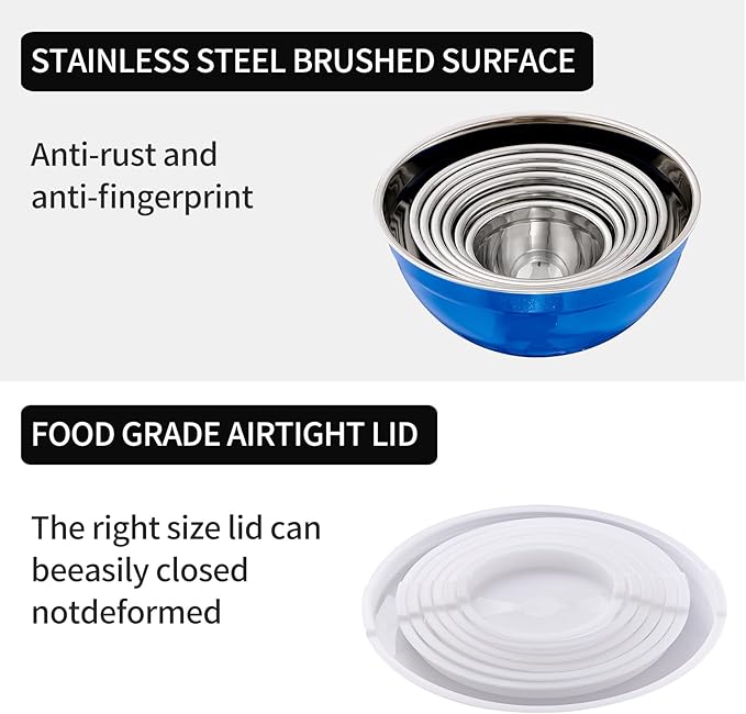 LKTDYMEG Blue Mixing Bowls with Lids Set of 7, Stainless Steel Nesting Bowl with Khaki Lid for Non-slip Mixing Prepping Storing Serving, 7 Sizes-7/3.6/2.7/2.1/1.5/1/0.8 QT
