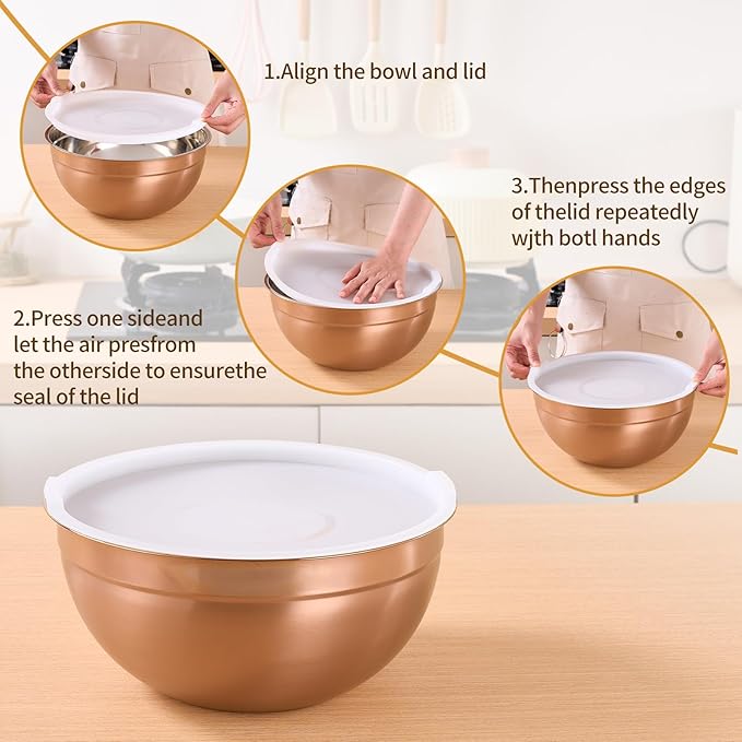 Onlycooker Rose Gold Mixing Bowls With Airtight Lids,Stainless Steel Bowl,Salad Bowls 7 Piece Colorful Nesting Bowl Rose Gold Kitchen Accessories,Size 7,3.6,2.7,2.1,1.5,1.1,0.8QT Stackable Design