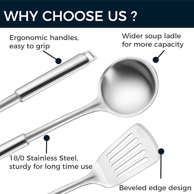 MUJINON 18/0 Stainless Steel Kitchen Cooking Utensil Set, Ergonomic Handle, Dishwasher Safe, Slotted Spoon, Ladle, Turner, Serving Spoon for Housewarming Daily Use Commercial, Pack of 4
