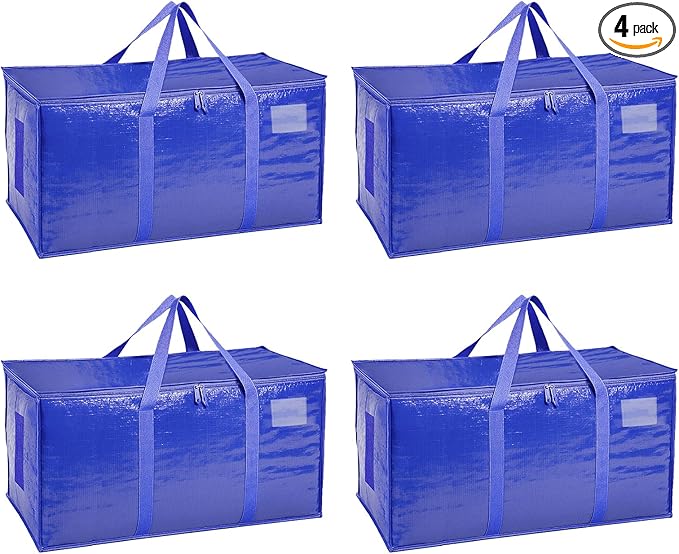 4 Pack-Extra Large Heavy Duty Moving Bags - Waterproof Storage Totes with Handles & Zippers, Foldable for College Dorm, Storage (Blue)