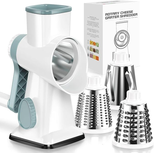 Badelite Cheese Grater Hand Crank Rotating Cheese Shredder Stainless Steel Vegetable Slicer Grater for Kitchen 3 Blades for Cheese, Carrot, Cucumber, Nuts, Chocolate, White