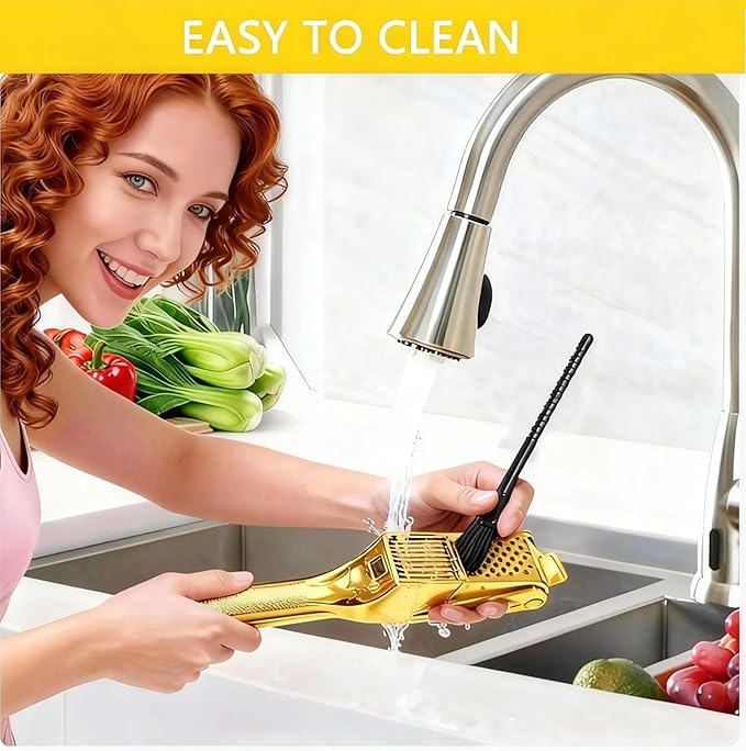 Garlic Press and Slicer 2 in 1, Rust Proof & Dishwasher Safe Professional Garlic Mincer Tool, Effortlessly Crush and Mince Garlic with this Ergonomic Handle-Garlic Slicer & Brush ANCQMI(Gold)