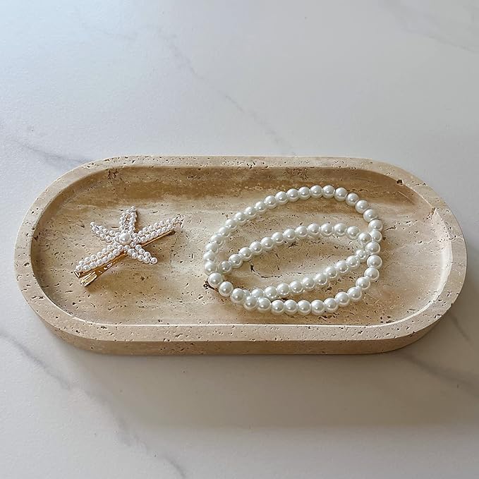 SAIDKOCC Natural Marble Oval Tray Ornaments Vintage Small Tray Storage Dish for Counter, Vanity, Dresser, Nightstand and Desk (Beige Travertine)