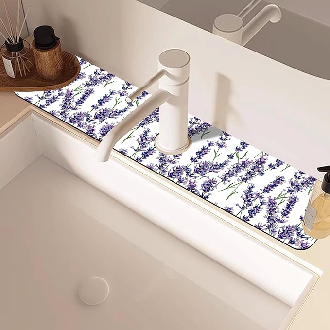 Watercolor Lavender Bunches Kitchen Sink Splash Guard Mat Absorbent Fast Drying Mat Faucet Draining Mat Sink Splash Guard Behind Faucet Drip Catcher for Kitchen Bathroom 5.5"×24"