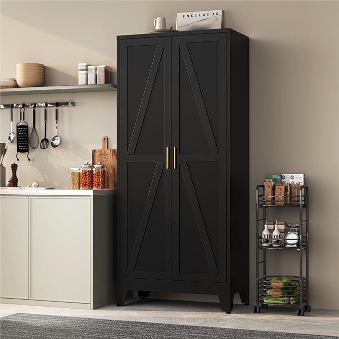 71''Metal Cabinet with 4 Adjustable Shelves,5-Tier Pantry Storage Cabinet,Kitchen Pantry Cabinet for Living Room,Dining Room, Black