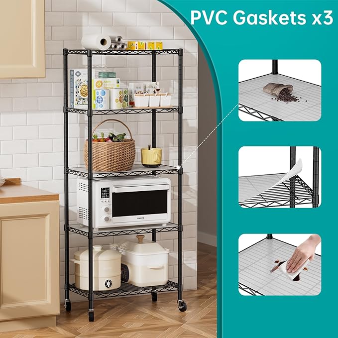 SINGAYE 5 Shelf Storage Wire Shelves Closet Bathroom Organizers Metal Pantry Kitchen Garage Shelving Unit Laundry Room Organization Home Narrow Rack Net Basket with Wheels White