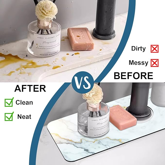 Marble Pattern Kitchen Sink Splash Guard Faucet Mat Gray Gold Marble Super Absorbent Fast Drying Mat Sink Splash Guard Behind Faucet for Kitchen Bathroom, 15.5"x5.5"