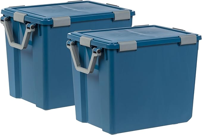 IRIS USA WeatherPro 103 Qt Eco-Friendly Storage Bins with Lids, 2 Pack, BPA-Free Plastic Gasket Box with Tight Latch and Seal, Stackable Nestable Tote Tub - Navy