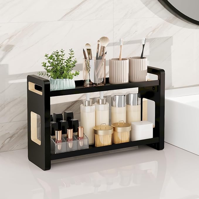 UJQSUN Bathroom Counter Organizer,Bathroom Counter Shelf,Bathroom Organizers,Under Sink Organizer,Cologne Organizer For Men,Cologne Cabinet,Spice Rack Organizer for Cabinet,Gifts(Black 2 Tier)