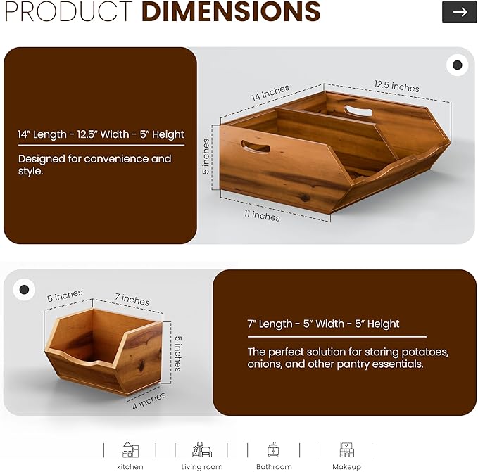 HOLANA Acacia Wood Potato and Onion Storage Bin, Potato Storage, Pantry Baskets, Vegetable Storage, Onion and Potato Storage Bins, Wooden Pantry Bins, Stackable Potato Bins (Patent Pending)