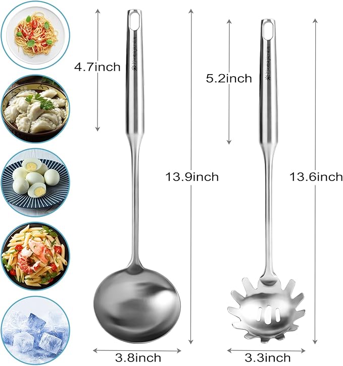 Stainless Steel Soup Ladle and Spaghetti Spoon Set - Large Ladle Spoon, Pasta Strainer, Durable Kitchen Cooking Utensils for Stirring, Serving Pasta, Soup & Sauce，Christmas Gifts