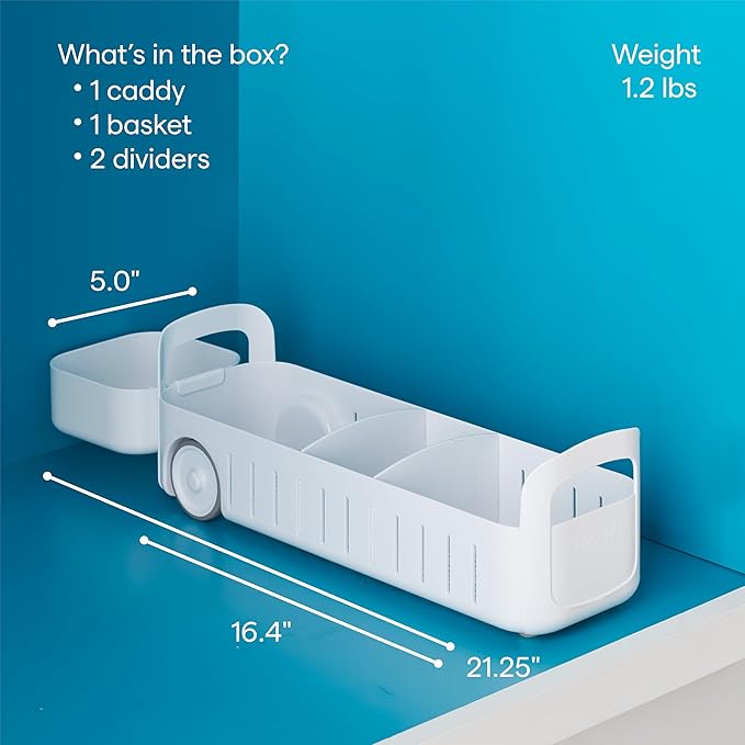 YouCopia RollOut Caddy Rolling Storage Bin with 2 Adjustable Dividers and Removable Basket for Kitchen and Bathroom Under Sink Organization, 5" Wide