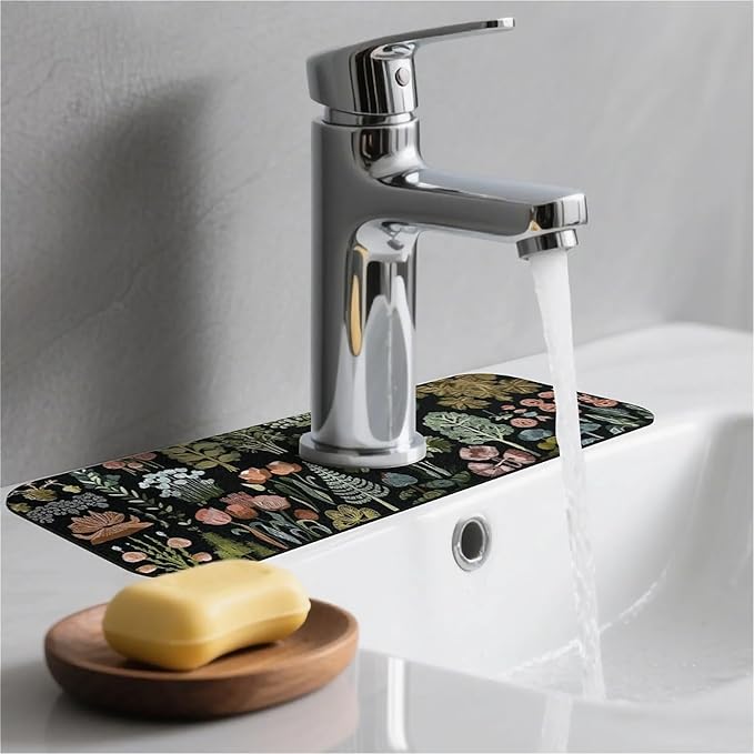 Kitchen Sink Splash Guard，Plants flowers and trees Faucet Mat Sink Gadgets-Super Absorbent Fast Drying Mat Drip Catcher for Kitchen, Bathroom,Sink Mat, Dish Drying Mat, Bathroom(15" X 5.5" )