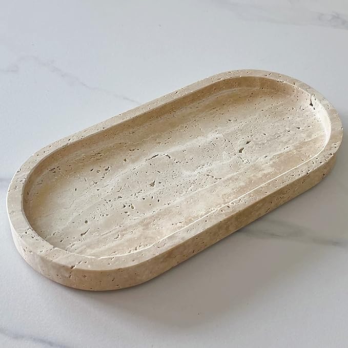 SAIDKOCC Natural Marble Oval Tray Ornaments Vintage Small Tray Storage Dish for Counter, Vanity, Dresser, Nightstand and Desk (Beige Travertine)