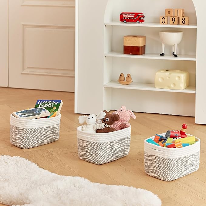 R RUNKA Small Cotton Rope Basket – Storage Bin for Organizing (10.6" x 6.7" x 6.7"), Bathroom Storage Basket for Shelf, Counter & Closet（White & Mixed Grey）