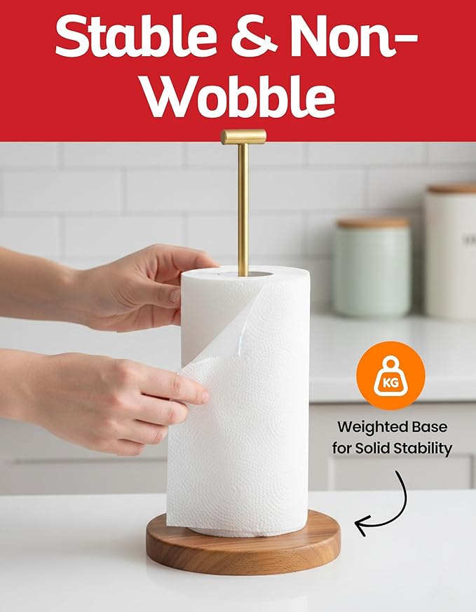 Acacia Wood Tissue Stand – Wooden Tissue Stand with Stainless Steel Gold Plated Handle, Satin Finish Countertop Organizer for Standard and Jumbo Rolls
