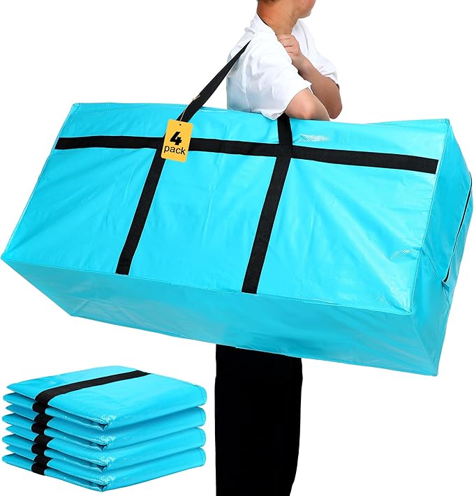 4 Pcs 66 Gallon Extra Large Moving Bags Heavy Duty Storage Bag with Strong Zipper Handle Foldable XXL Jumbo Storage Tote Packing Moving Box for College Dorm Travel Cloth Duffle (Black)