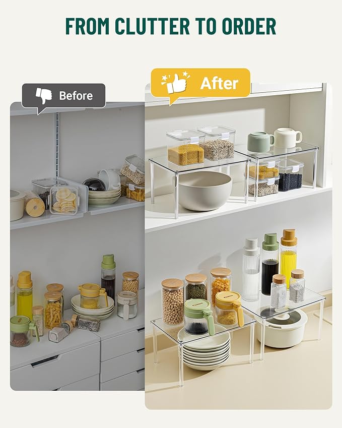 Bobomoment Acrylic Cabinet Organizer, Set of 2 Shelf Organizer, Spice Rack Organizer for Cabinet, Desk Countertop Organizer, Stackable Shelves for Pantry Kitchen Storage and Organization
