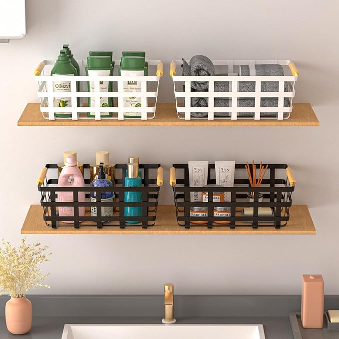 Large Metal Pantry Storage Baskets,4 Packs Farmhouse Baskets,Food Organizer Storage Bin Basket with Wood Handles for Kitchen Cabinets Shelf Pantry,White