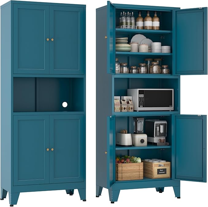 YAUWOH Metal Pantry Storage Cabinet, 69" Tall Storoge Cabinet with 4 Doors & 3 Adjustable Shelves, Microwave Stand with Storage for Kitchen, Dining Room, Living Room (1PC,Blue)