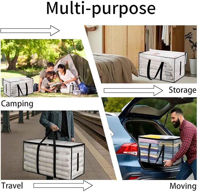 6 Pack-Extra Large Heavy Duty Moving Bags - Waterproof Storage Totes with Handles & Zippers, Foldable for College Dorm, Storage (Clear)