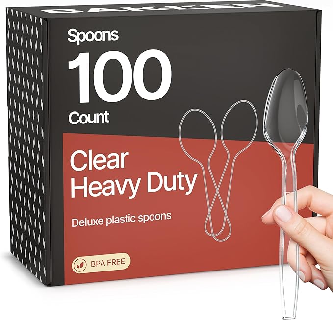 Bakken Disposable Cutlery Set 100 Pieces Spoons, Heavy Duty Plastic Silverware, BPA-Free Food-Grade Materials, Heat-Resistant, Reusable Utensils for Parties, Catering, BBQs, and Everyday Use, Clear