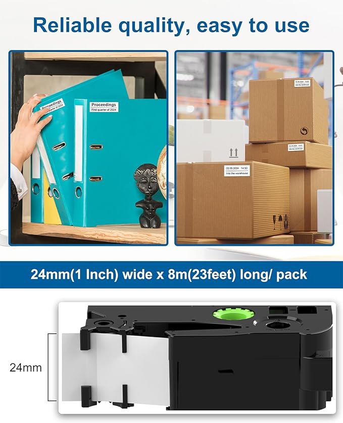 24mm Label Tape for PT-D610BT PT-D600 PT-P710BT PT-2430 TZE-S251 24mm 0.94" Laminated White Replacement for Brother P-Touch Extra-Strength Tape 1" TZe TZ Strong Adhesive Label Maker Refills, 6 Pack