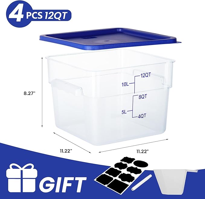 BIEAMA 4 Pack Food Storage Containers, 12 Quart with Lids, Square Commercial Containers with Scale, NSF, Polycarbonate, Clear