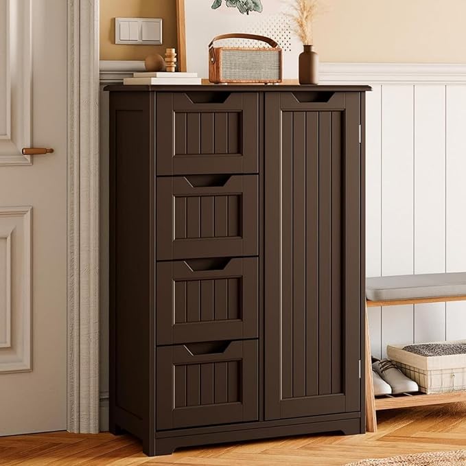Gizoon Small Pantry Storage Cabinet with Door and Shelves, 33'' Pantry Cabinet Freestanding Wooden Bathroom Storage Cabinet with 4 Drawers for Kitchen and Dining Room, Dark Brown