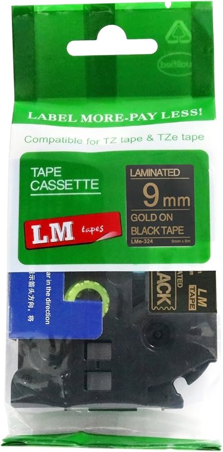 1/Pack LM Tapes - LMe324 Premium 3/8" Gold Print on Black Label Compatible with P-Touch TZe-324 Tape and Includes Tape Color/Size Guide. Replaces TZ-324 9mm 0.35 Laminated.