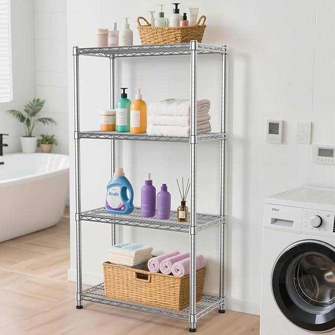 4- Shelf Metal Wire Shelving Unit Commercial Garage Storage Shelves Metal Shelf Adjustable Storage Rack Heavy Duty 2200 LBS rganizer for Pantry Laundry Bathroom Kitchen Closet Utility Room warehouse