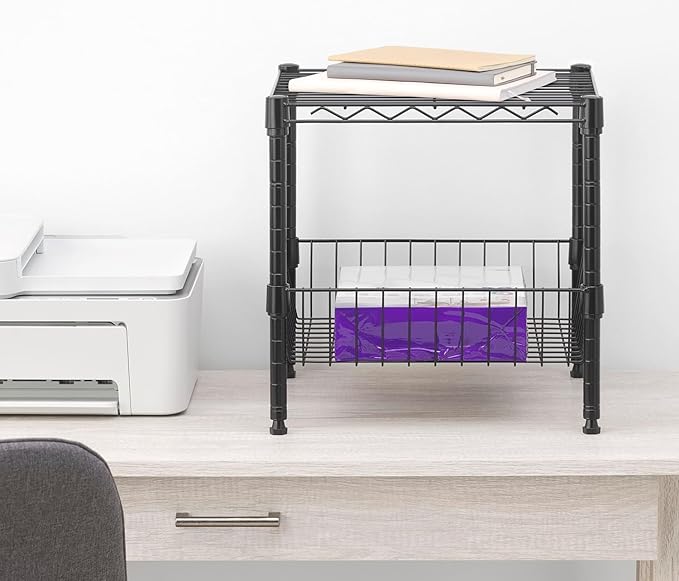 Whitmor 2 Tier Metal Storage Shelves, Heavy Duty Shelf with Basket, 350 lbs Capacity per Shelf, 700 lbs Total, Home Organizer for Kitchen, Garage, Bathroom, 15" L x 14" W x 15" H, Black