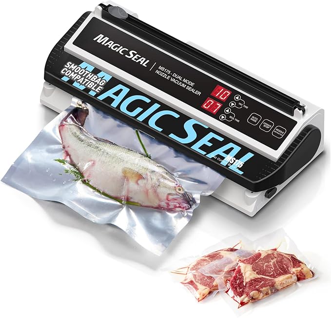 MAGIC SEAL Nozzle Vacuum Sealer Machine for Mylar bags & Smooth Flat Bags - 220W Food Sealer with Adjustable Air & Seal Settings, Auto/Manual Modes (Not for Textured) -MS175
