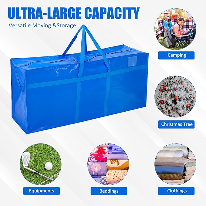 Windyun 4 Pack 121 Gallon Extra Large Moving Bags XXL Heavy Duty Storage Bag with Strong Zipper Handle Jumbo Big Tote Box Foldable for College Dorm Travel Clothes Duffle Blanket Pillow(Blue)