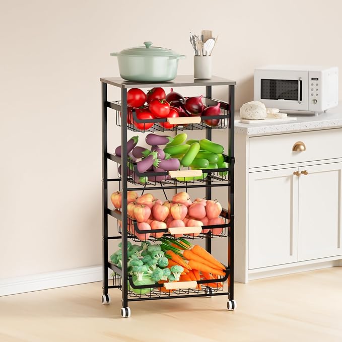 Fruit Vegetable Basket for Kitchen,5 Tier Pantry Organizer with Wheels,Snack cart with Wood Top,Metal Wire Storage Basket Organizer Baskets for Kitchen, Pantry, Bathroom