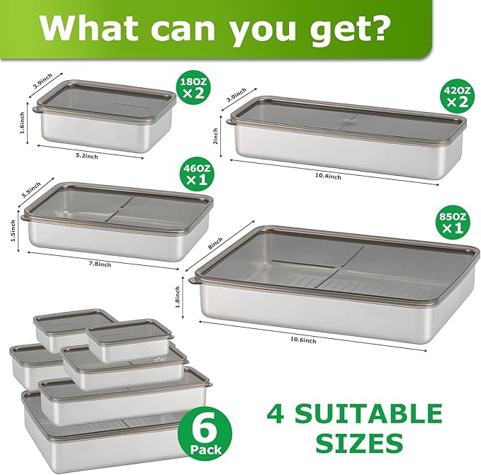 6 Pack Bacon Cheese Container for Refrigerator, 304 Stainless Steel Airtight Deli Meat Storage Containers with Lids for Fridge, Dishwasher Safe Food Organizers for Fridge 4 Size Container Sets