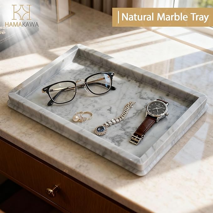HAMAKAWA Large Natural Marble Bathroom Vanity Tray 12 inch, Carrara White Stone Jewelry Tray, Rectangle Sink Trays, Modern Tank Trays, Countertop Organizer for Soap Dispenser, Kitchen, Home Decor