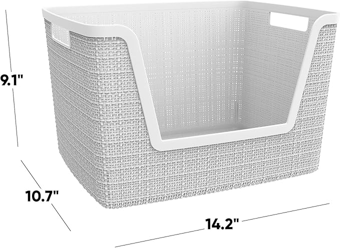 Curver Set of 4 Large 18L Easy Access Jute Decorative Plastic Organization and Storage Baskets - Perfect Bins for Home Office, Closet Shelves, Kitchen Pantry and All Bedroom Essentials, White
