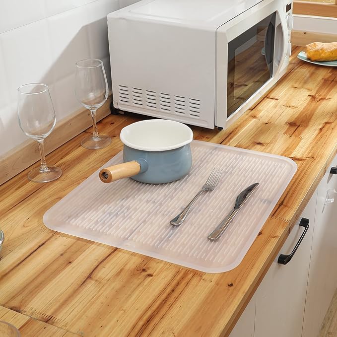 Silicone Dish Drying Mat for Multiple Usage,Easy clean,Eco-friendly,Heat-resistant Silicone Mat for Kitchen Counter or Sink,Refrigerator or Drawer Liner Translucent XL 18 inches x 16 inches